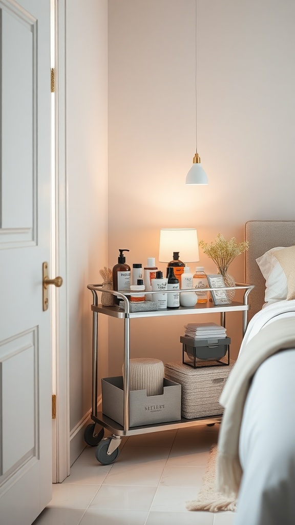 A stylish rolling cart in a bathroom, featuring beauty products, a lamp, and decorative elements.
