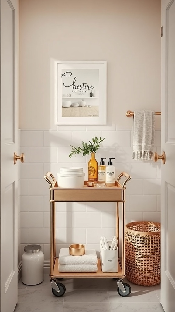 A stylish wooden rolling cart in a bathroom, holding various toiletries and towels.