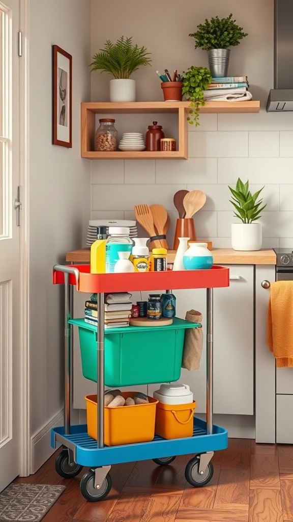 Colorful rolling cart with storage bins in a small kitchen