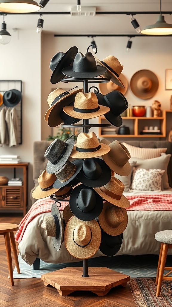 A rotating hat stand displaying various hats in a stylish room
