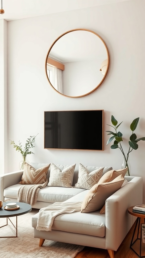 A round mirror with a wooden frame above a light-colored sofa in a cozy living room setting.