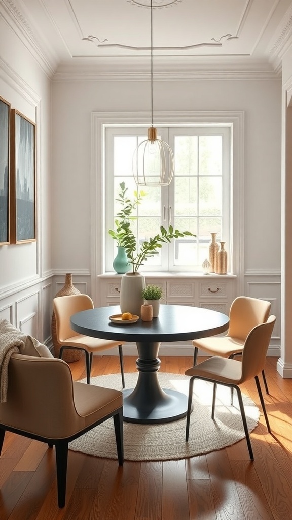 A cozy tiny dining area with a round table and four chairs, accentuated by natural light and simple décor.