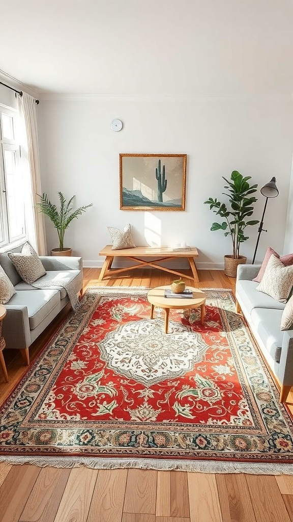 A cozy living room featuring a red and cream area rug, gray sofas, and plants.