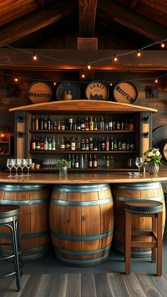 A rustic barrel bar featuring wooden barrels, a polished wooden counter, and shelves filled with various spirits and glassware.