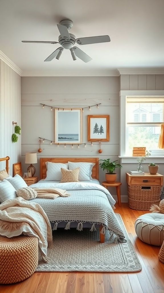 A cozy children's room with a rustic cabin theme, featuring a wooden bed, soft bedding, and natural decor.