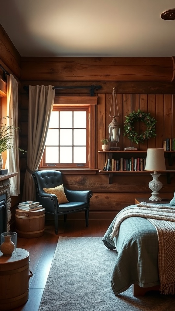 A cozy reading nook with wooden walls, a comfortable chair, and a small bookshelf.