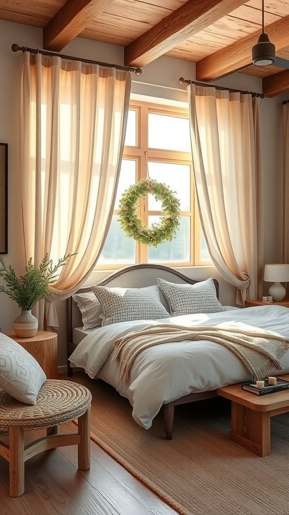 Cozy bedroom with rustic charm featuring light curtains, wooden beams, and natural decor.
