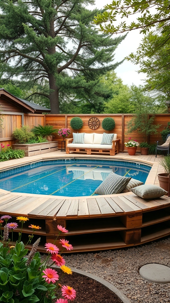 A rustic above ground pool deck made from wooden pallets, surrounded by flowers and greenery.