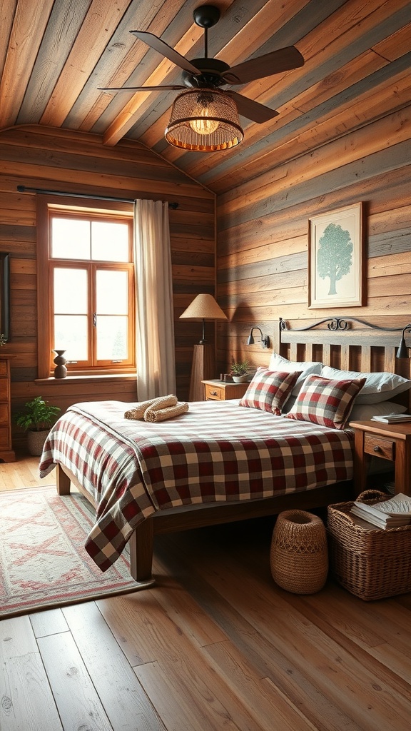 A cozy rustic bedroom featuring warm wood tones, plaid bedding, and natural decor.
