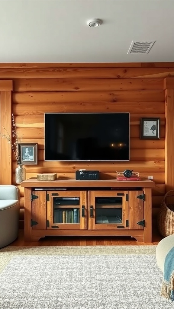 A rustic wooden TV unit against a wooden wall, featuring black hardware and glass-paneled doors.