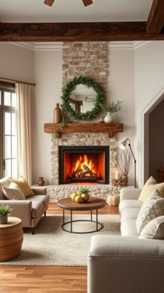 Cozy living room featuring a rustic corner fireplace with a stone surround and wooden mantel.