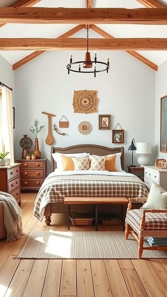 Cozy rustic bedroom with wooden beams, plaid bedding, and natural decor elements.