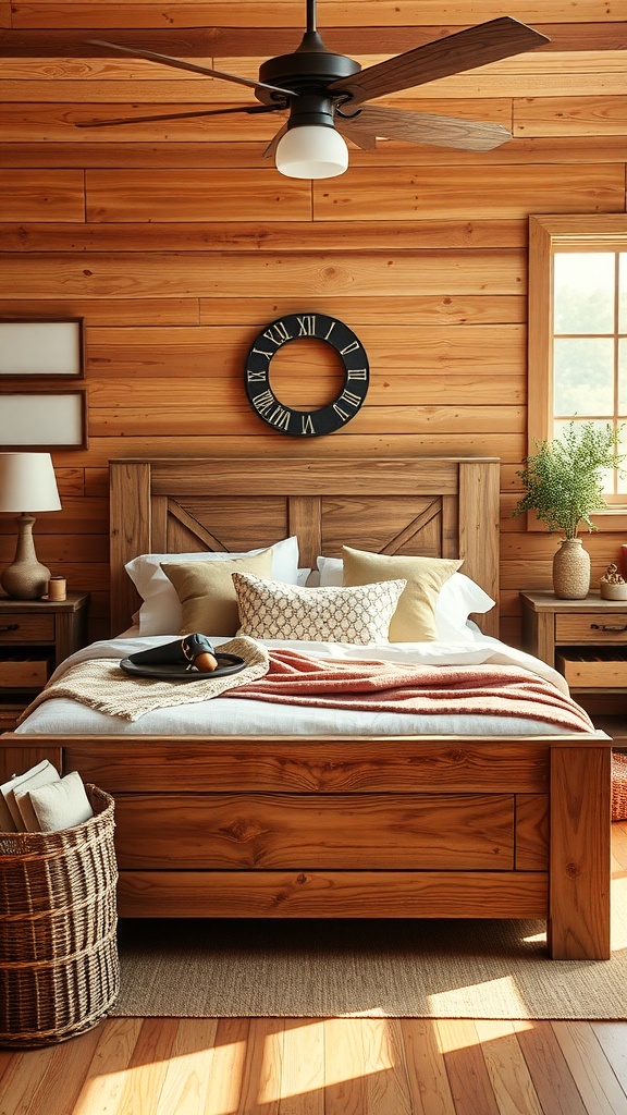A rustic farmhouse bed with wooden frame, soft bedding, and cozy decor in a warm-toned room.