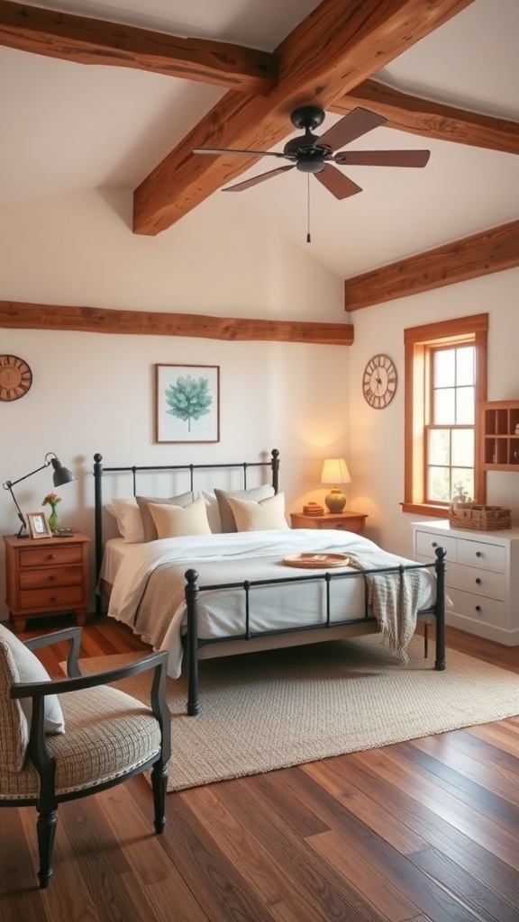 A cozy rustic farmhouse bedroom with wooden beams, a black metal bed frame, and warm decor.