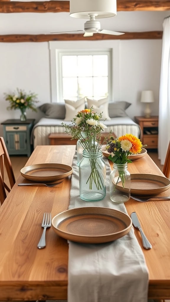 A rustic farmhouse table set with plates and fresh flowers in jars.