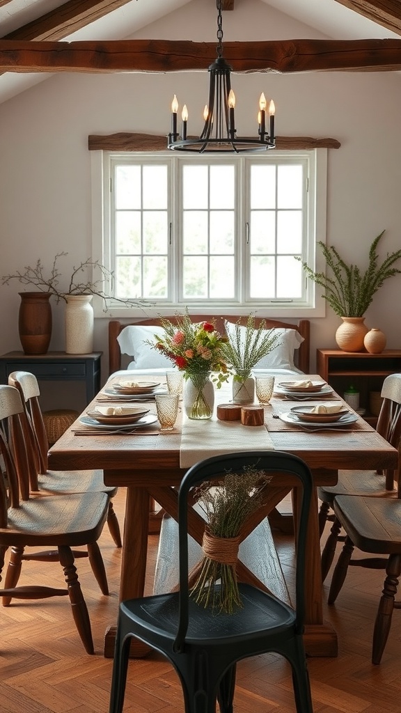 A rustic farmhouse table setting with a wooden table, natural flowers, and cozy lighting.
