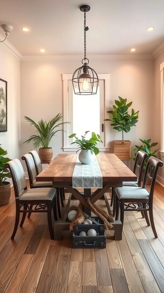 Rustic farmhouse dining table with chairs surrounded by plants and warm lighting