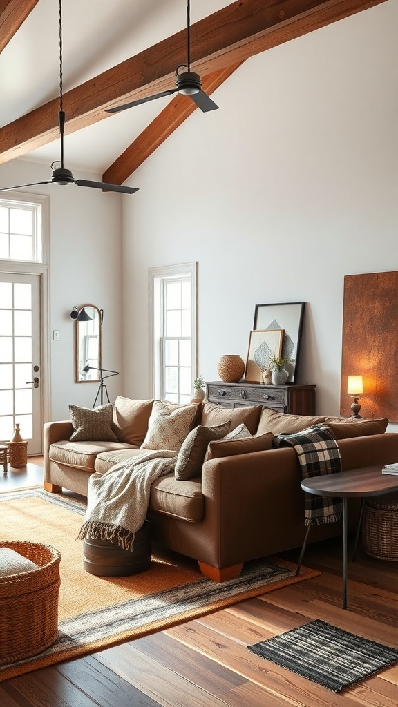 A cozy living room featuring a brown sofa, wooden beams, and rustic decor.
