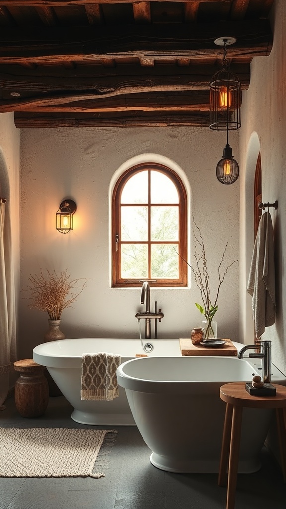 A rustic bathroom featuring wooden beams, warm lighting, and stylish fixtures.