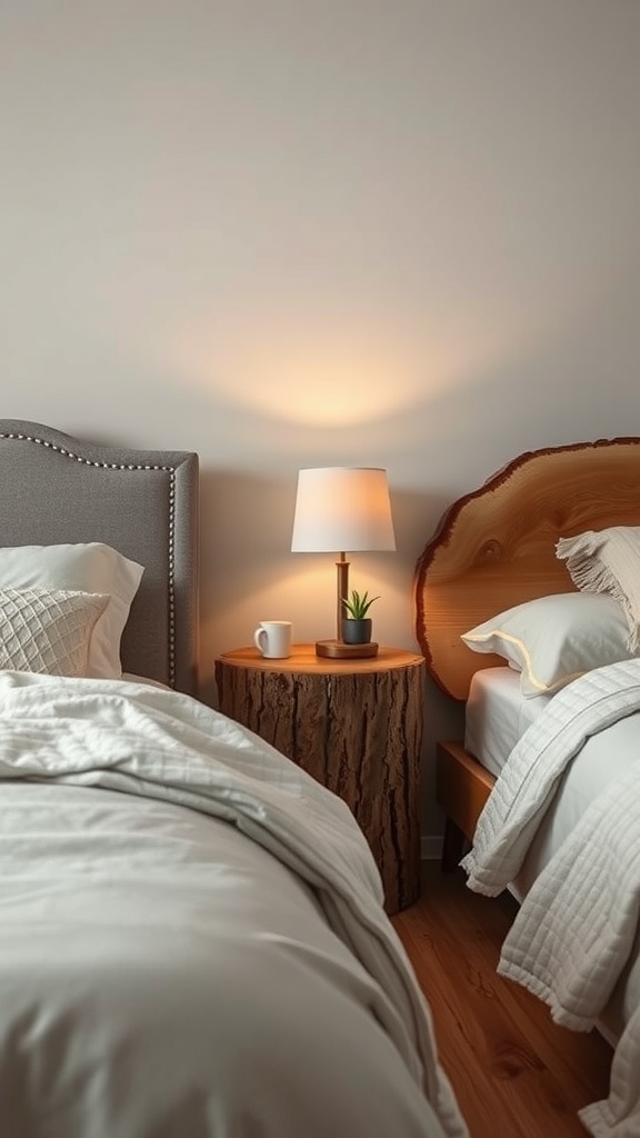 A rustic log slice table beside a bed with a lamp and a mug.