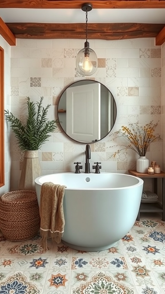 A rustic bathroom featuring patterned floor tiles, light-colored wall tiles, a round mirror, and a modern light fixture.