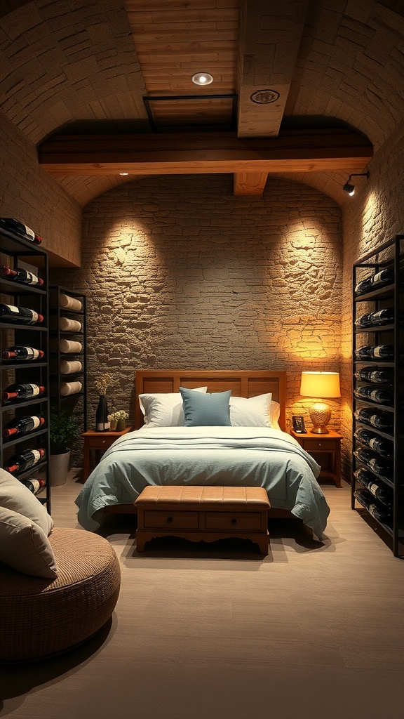 A cozy basement designed like a rustic wine cellar, featuring stone walls, wooden beams, a comfortable bed, and wine racks.