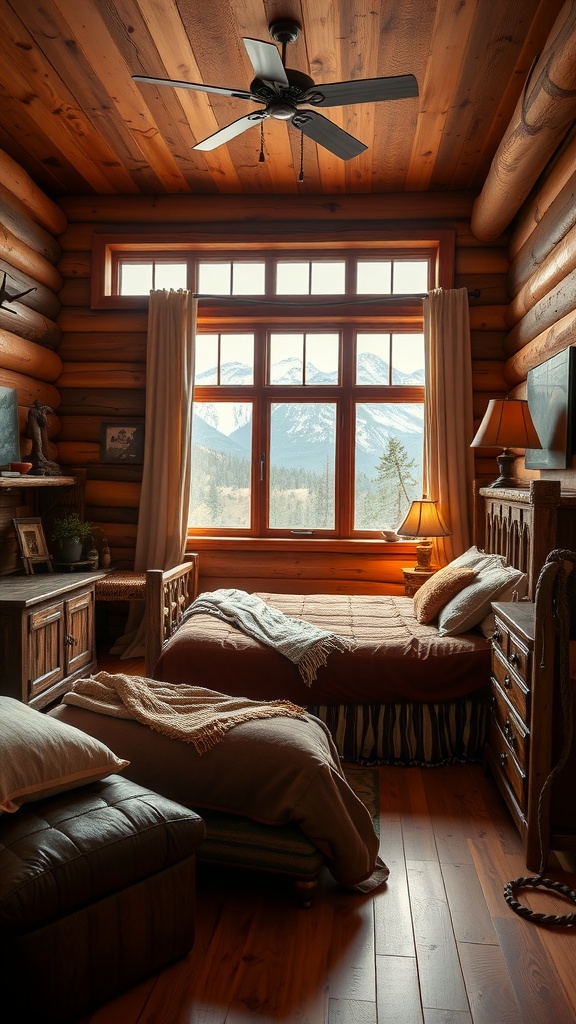 A cozy rustic bedroom featuring wooden walls and ceiling, a large window with a mountain view, and comfortable bedding.