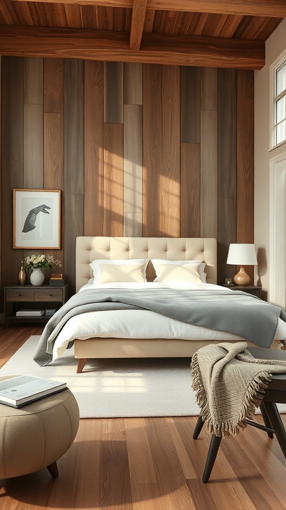 Cozy living room with rustic wood paneling and soft furnishings