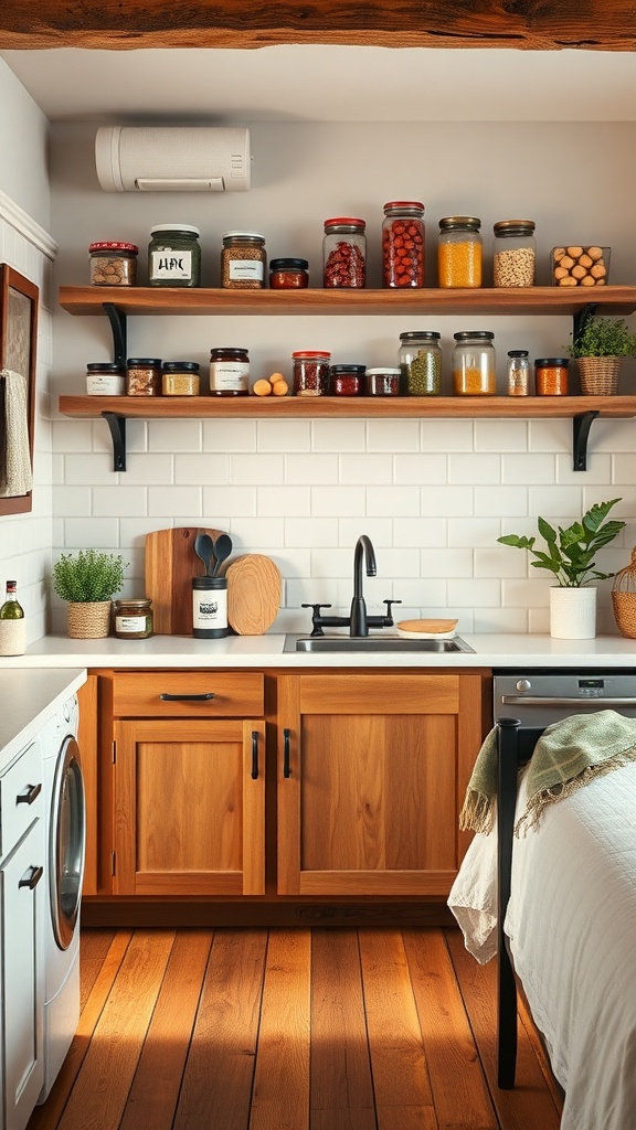 Rustic wood shelves in a farmhouse-style kitchen displaying jars and plants