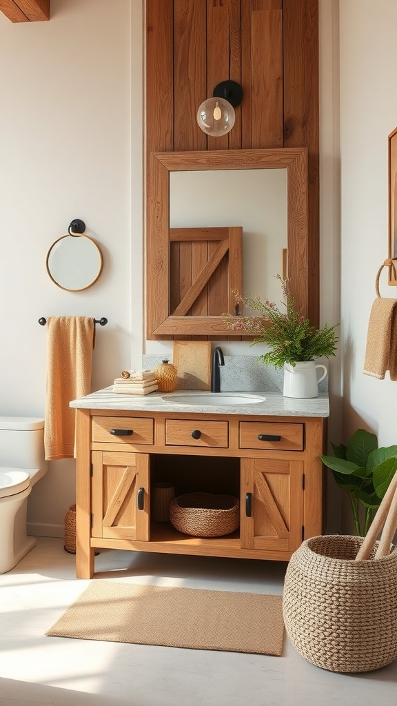 A rustic wood vanity in a bright bathroom with a marble top and decorative elements.