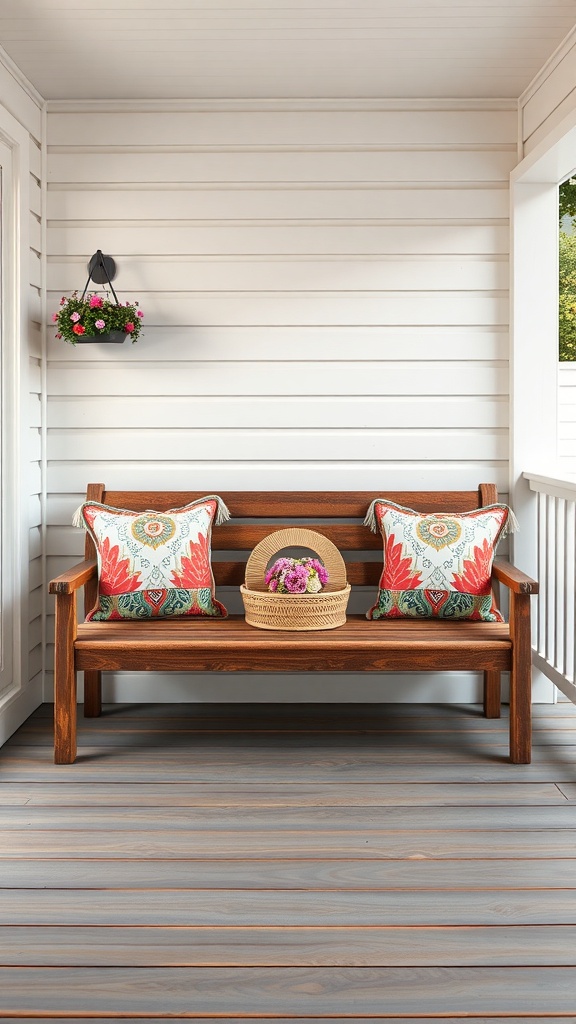 A rustic wooden bench with colorful decorative pillows and a basket of flowers on a porch.