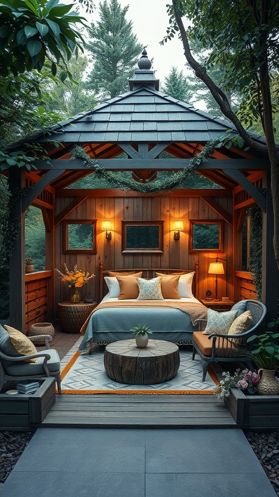 A rustic wooden gazebo retreat with cozy seating and warm lighting surrounded by greenery.