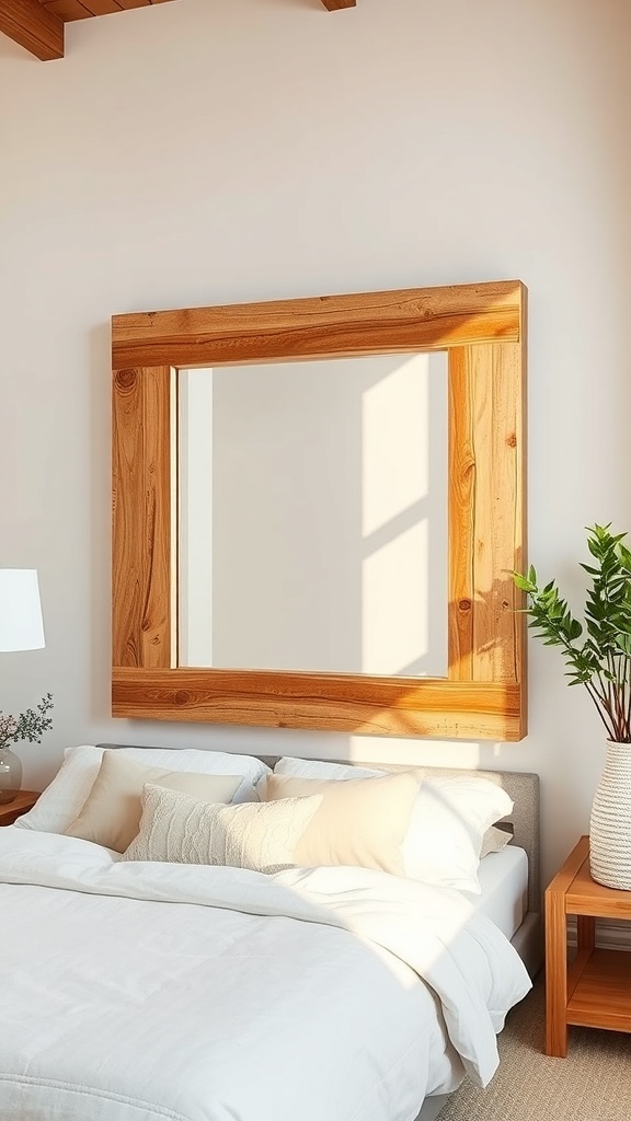 A rustic wooden pallet mirror frame above a bed in a cozy bedroom