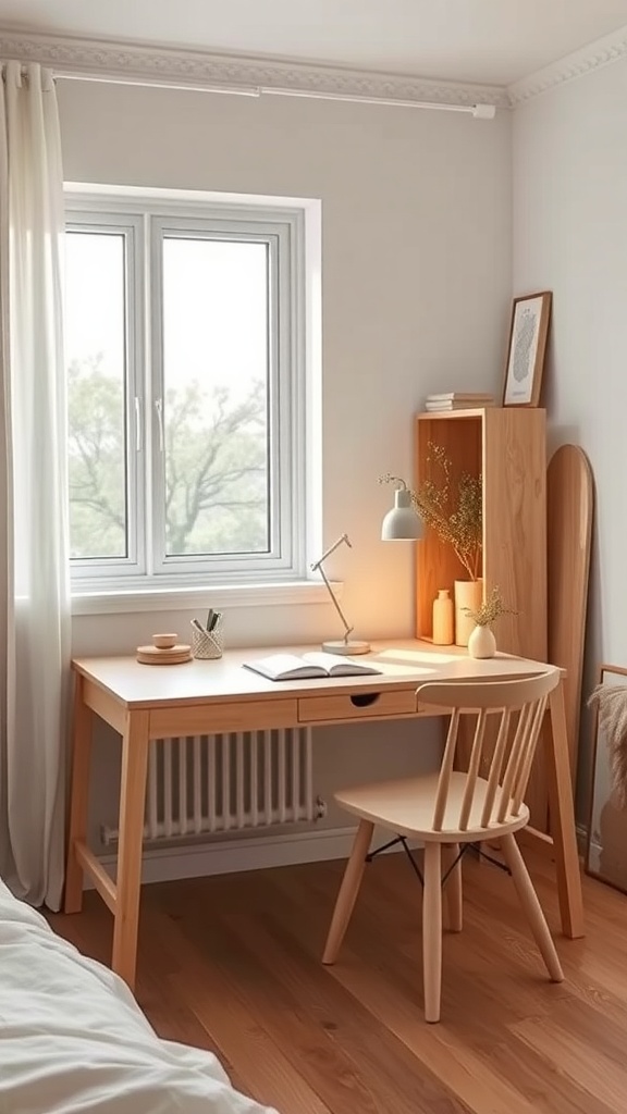 A Scandinavian design study table in a bedroom with a window, light wood furniture, and minimal decor.