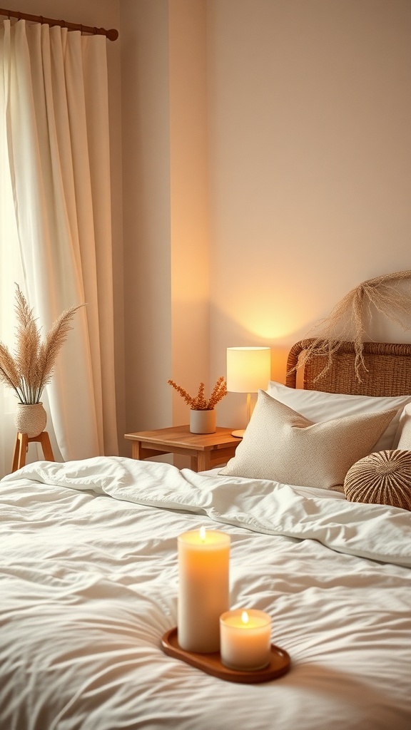 A cozy bedroom with candles and soft lighting, featuring a warm atmosphere.