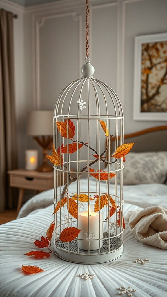 A decorative bird cage with autumn leaves and a candle inside, placed on a bed.
