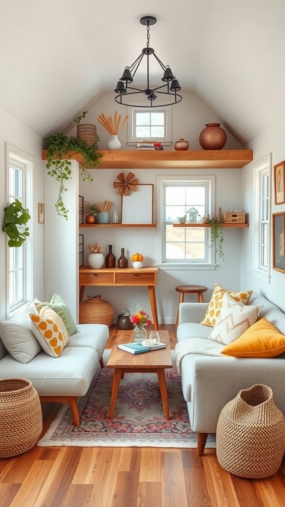 A cozy tiny house interior showing a living room with natural decor and seasonal elements