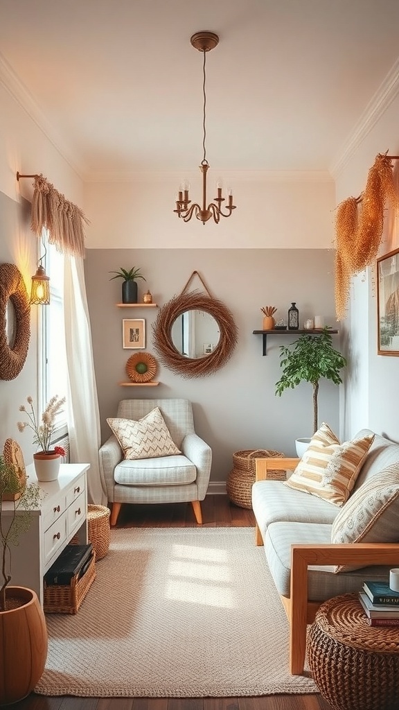Cozy tiny living room with natural light and seasonal decor elements.