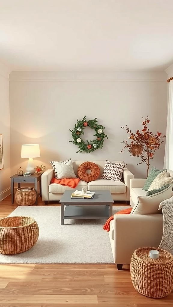 Cozy living room with autumn decor, featuring warm tones and natural elements.