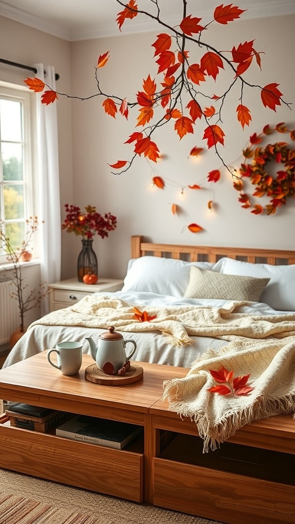 A cozy coffee station with autumn decor, featuring a wooden table, teapot, mugs, and scattered leaves.