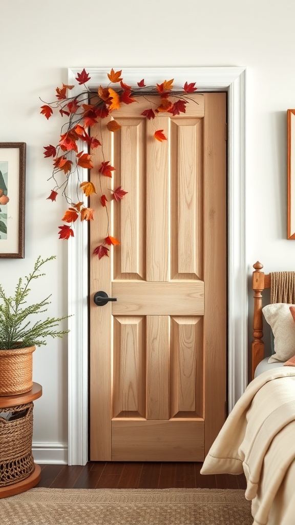A wooden pantry door decorated with autumn leaves, surrounded by a cozy room setting.
