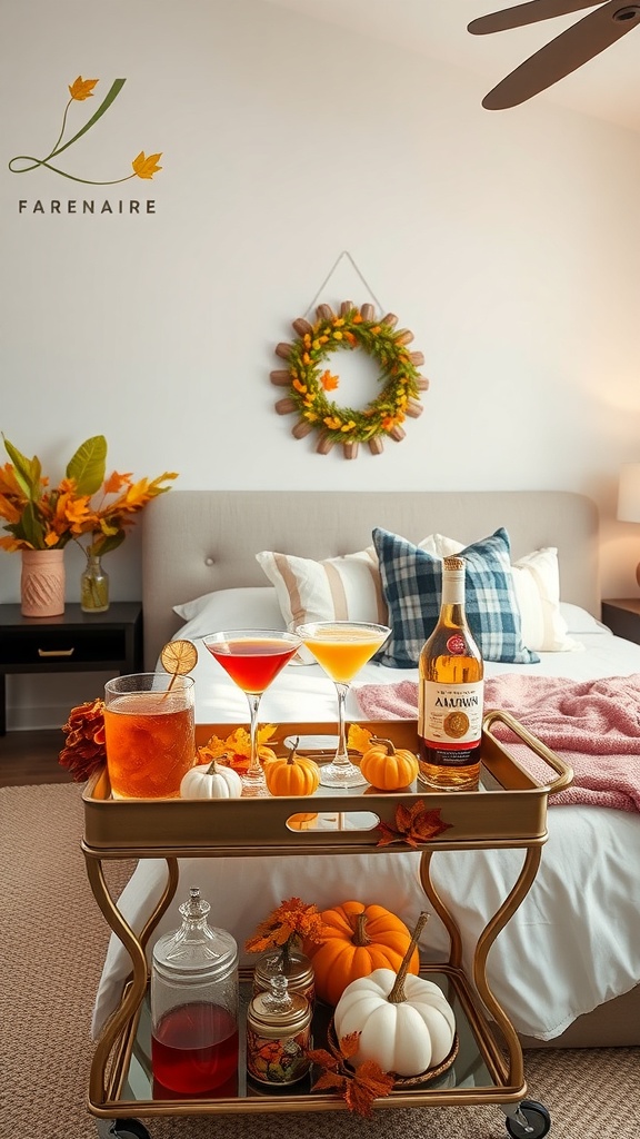 A festive bar cart decorated for autumn with cocktails, pumpkins, and a wreath.
