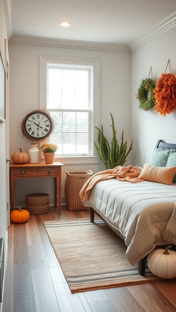 A cozy mudroom decorated for autumn with pumpkins, wreaths, and plants.