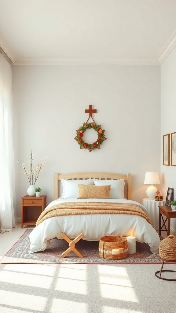 A cozy prayer room featuring a bed with seasonal decor, a wreath with a cross, candles, and natural elements.