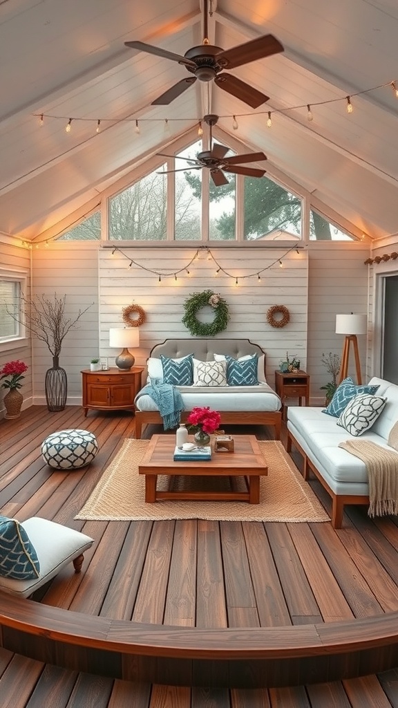 A cozy deck space with seating, plants, and decorative lights, perfect for seasonal decor.