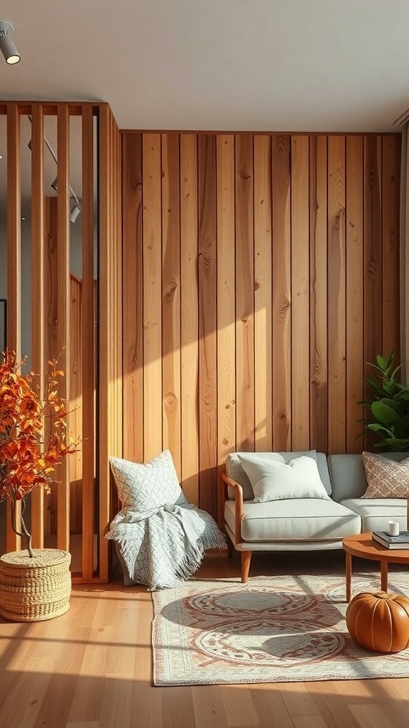 A cozy room featuring a wooden partition, a soft sofa, and seasonal decor.