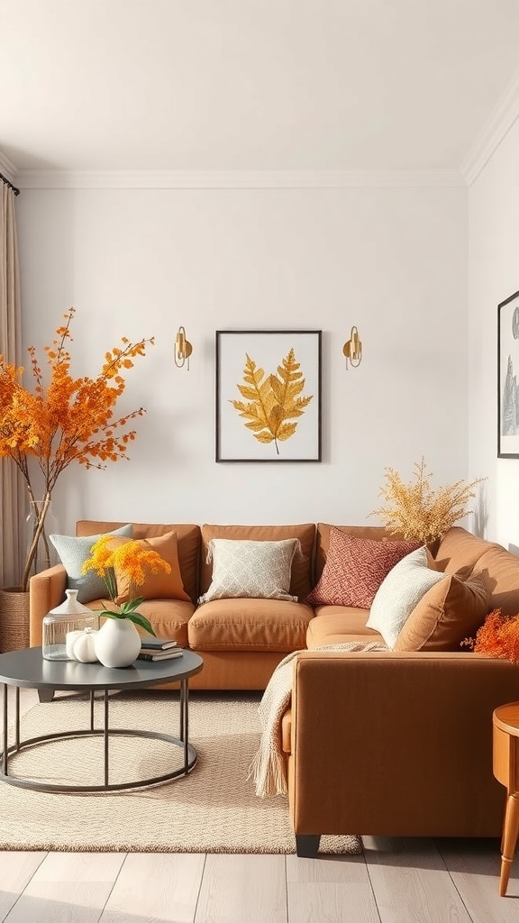Cozy living room featuring a brown sofa with seasonal decor, including orange flowers and warm lighting.