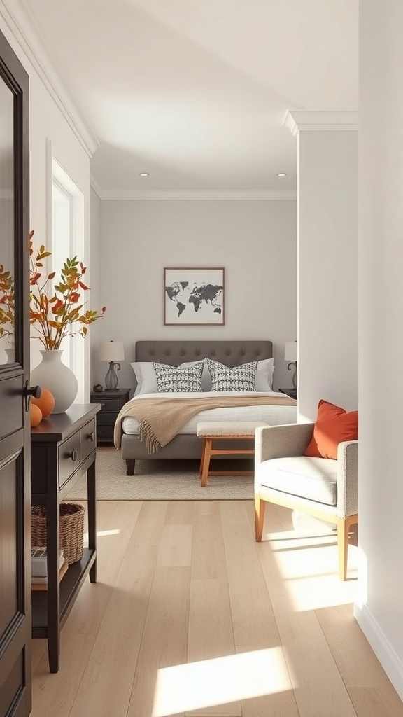 A small foyer with a cozy chair, a side table, and seasonal decor elements.