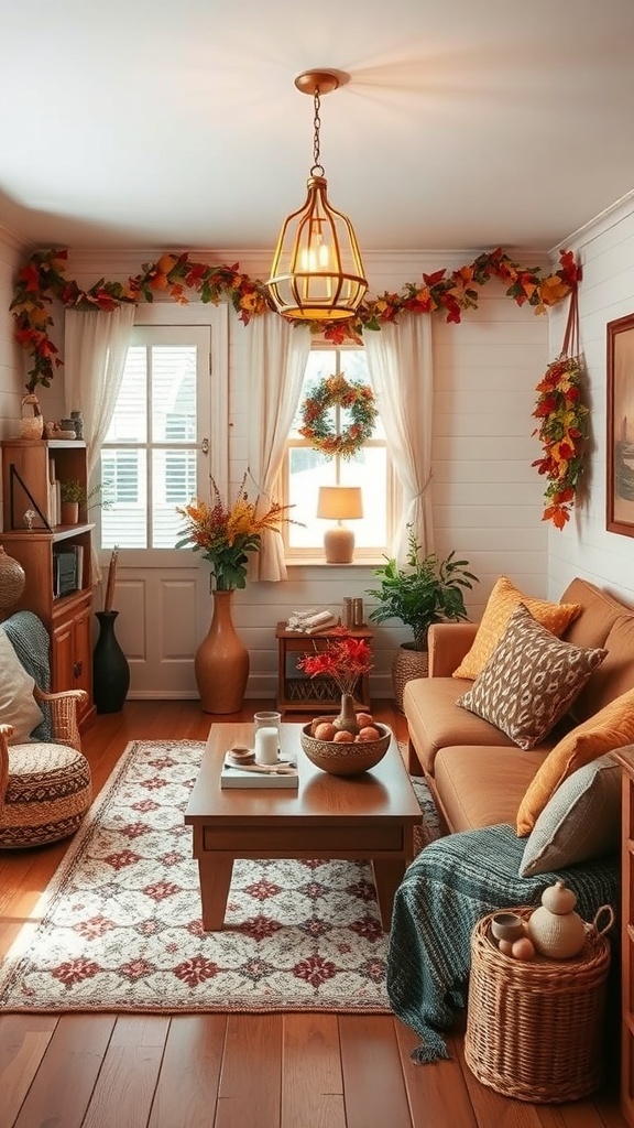 Cozy autumn interior of a tiny cottage featuring warm colors, seasonal decorations, and a peaceful atmosphere.