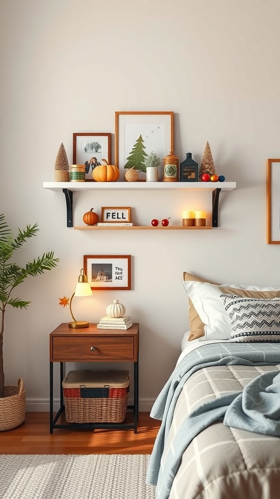 A beautifully decorated shelf with seasonal decor including pine trees, a pumpkin, and candles, set in a cozy bedroom.